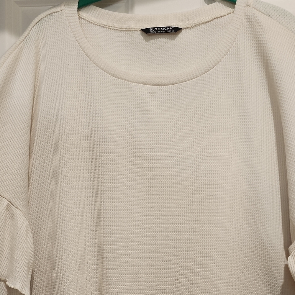 Bloomchic Waffle Knit Ruffled Sleeve Top - Cream 1x - Picture 3 of 6